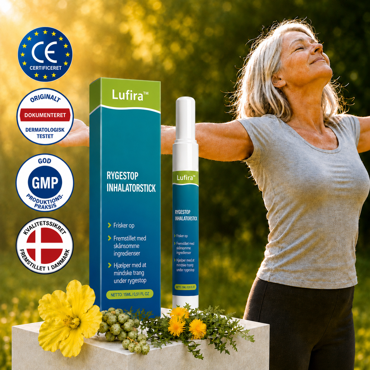 Lufira™ kombinerer mullein med friske planteekstrakter i en kompakt inhalator, som du kan tage med dig overalt.
