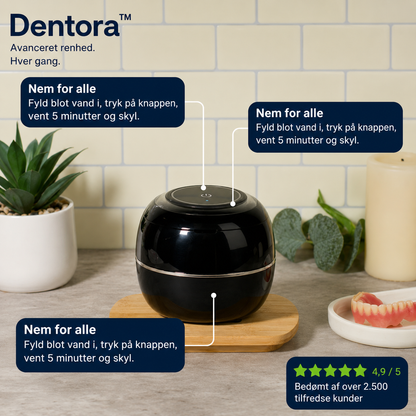 Nordvaya Dentora™ | Grundig rengøring af tandproteser på kun 5 minutter – nemt, skånsomt og uden besvær.