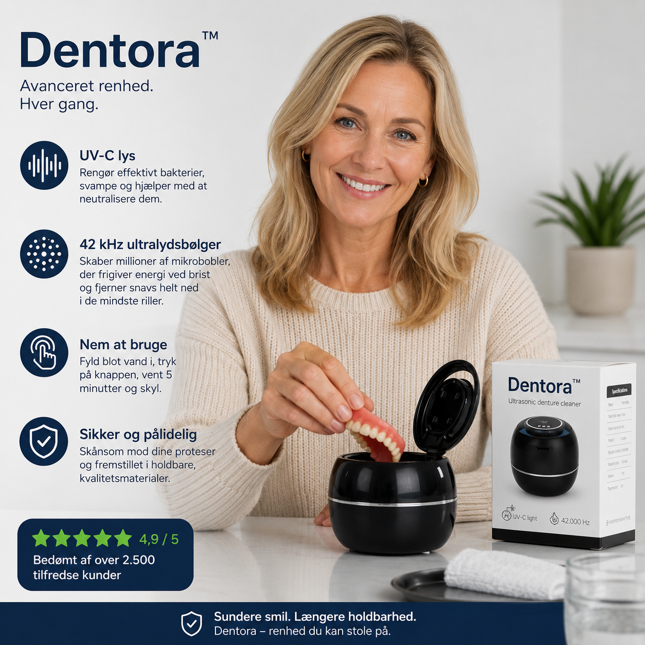 Nordvaya Dentora™ | Grundig rengøring af tandproteser på kun 5 minutter – nemt, skånsomt og uden besvær.