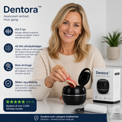 Nordvaya Dentora™ | Grundig rengøring af tandproteser på kun 5 minutter – nemt, skånsomt og uden besvær.