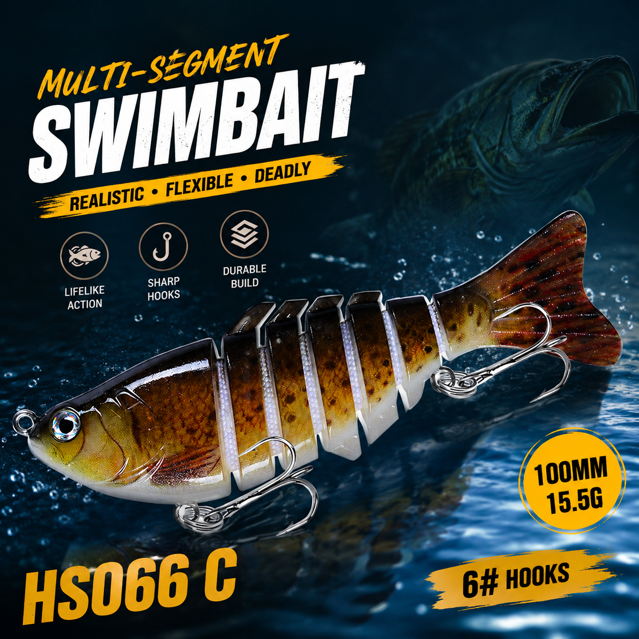 Nordvaya PredatorFlex™ | 6-Leddet Svømmeagn 100mm 15.5g – Realistisk Fiskelokkemad til Gedde, Aborre, Sandart og Ørred