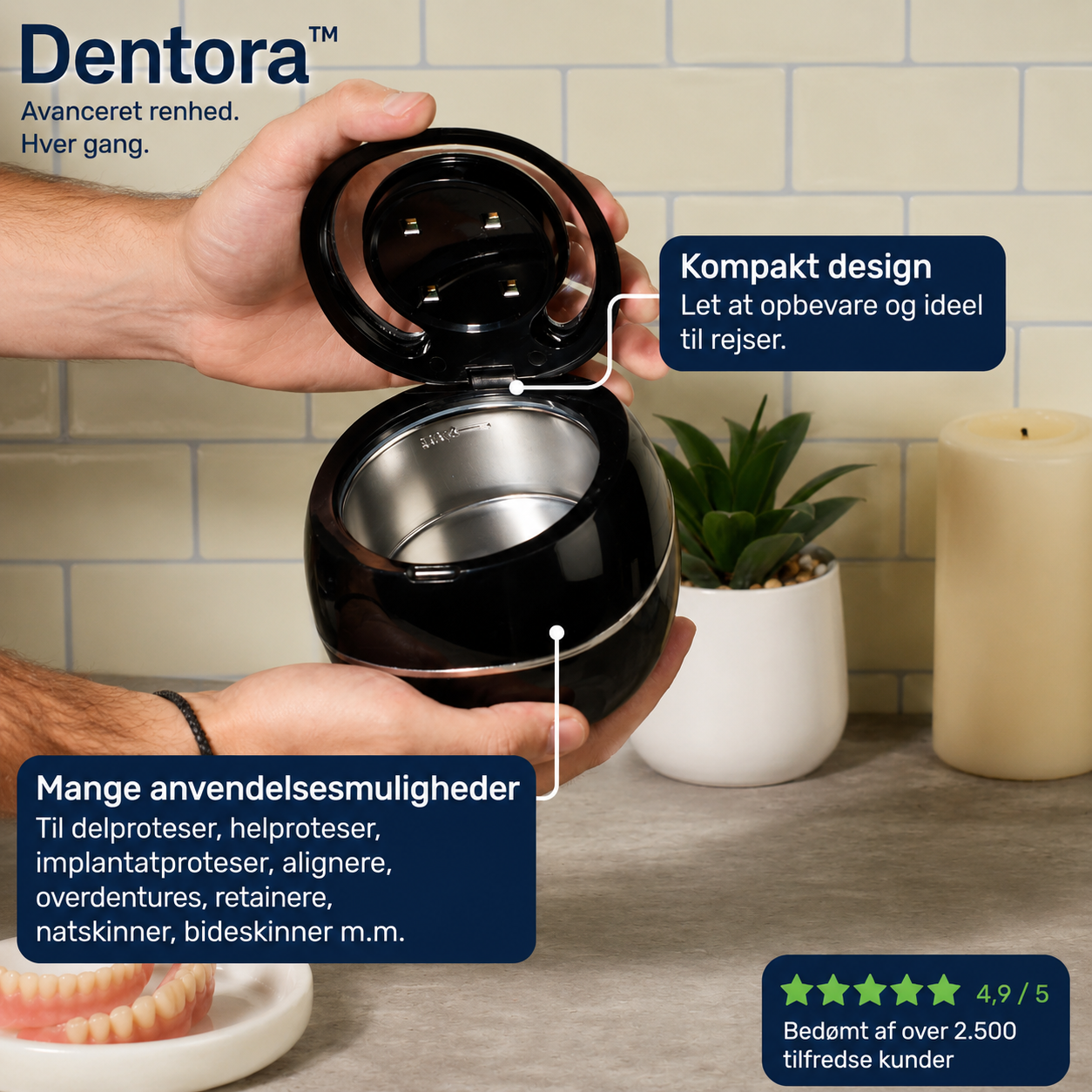 Nordvaya Dentora™ | Grundig rengøring af tandproteser på kun 5 minutter – nemt, skånsomt og uden besvær.